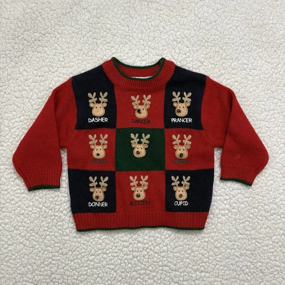B.T. Kids Christmas Sweater Santa's Reindeer Vintage Y2K 12 Months‎ 3D Knit